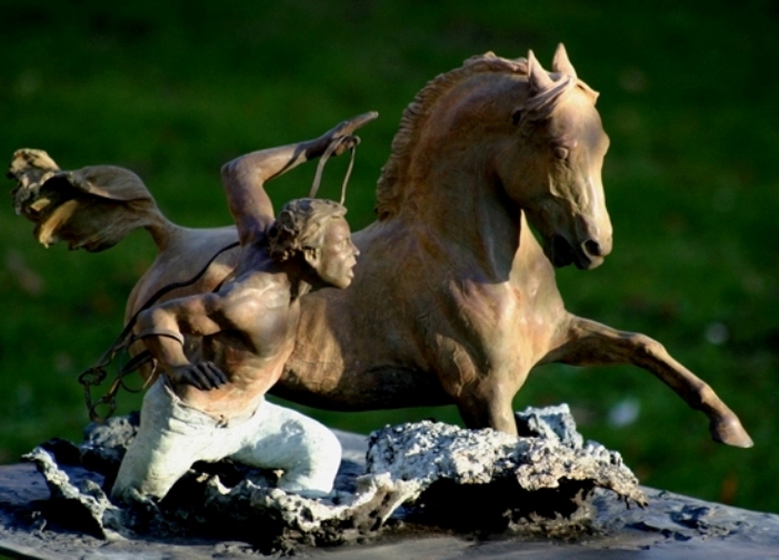 Sculpture d'un cheval et cavalier dans l'eau, dit "Le Vouloir", de Frédéric Jager - Premier prix de sculpture de Saumur